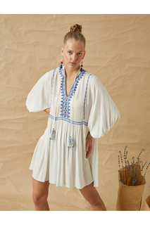 Мини-платье с этнической вышивкой и рукавами-фонариками Koton, белый