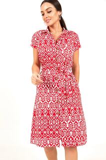 Женское красное платье-рубашка с короткими рукавами и поясом в этническом стиле armonika, красный