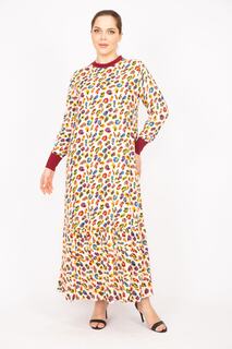 Женское красочное длинное платье большого размера из вискозной ткани с воротником и манжетами в рубчик Şans, разноцветный