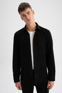 Флисовая куртка-рубашка стандартного кроя с длинными рукавами DeFacto, черный