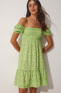 Женское летнее вискозное платье с воротником кармен фисташкового цвета Happiness İstanbul, зеленый