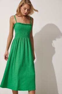 Женское летнее вязаное платье с зеленым ремешком и эластичной резинкой на талии Happiness İstanbul, зеленый