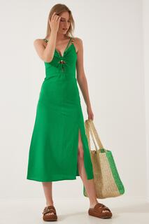 Женское льняное платье зеленого цвета со сборками и воротником-сердечком Happiness İstanbul, зеленый