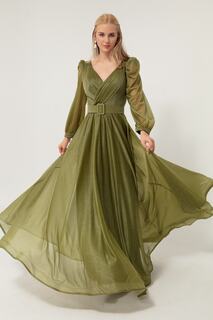 Женское маслянисто-зеленое двубортное серебристое длинное вечернее платье с воротником-стойкой Lafaba, зеленый