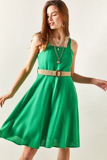 Женское льняное расклешенное мини-платье травяного цвета с поясом и боковой молнией Olalook, зеленый