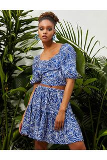 Мини-юбка с тропическим принтом, многоуровневая Koton, синий