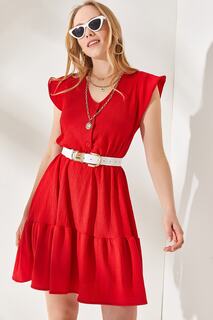 Женское мини-платье с красными рукавами и пуговицами и эластичной резинкой на талии Olalook, красный