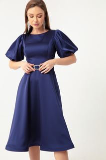 Женское мини-атласное вечернее платье темно-синего цвета с рукавами-воздушными шарами и каменным поясом Lafaba, темно-синий