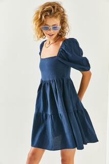 Женское мини-льняное платье темно-синего цвета с квадратным воротником Olalook, темно-синий