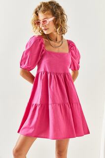 Женское мини-льняное платье цвета фуксии с квадратным воротником Olalook, розовый
