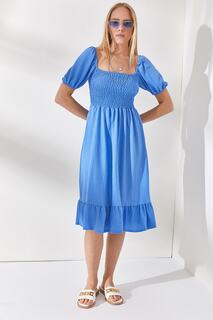 Женское мини-платье голубого цвета с объемными рукавами Olalook, бежевый