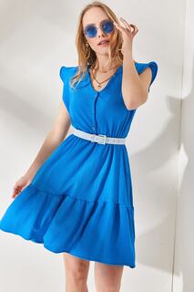 Женское мини-платье с синими рукавами, пуговицами и эластичной резинкой на талии Olalook, синий