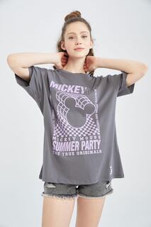 Футболка Cool Disney Mickey &amp; Minnie Oversize из 100% хлопка с круглым вырезом и короткими рукавами DeFacto, серый