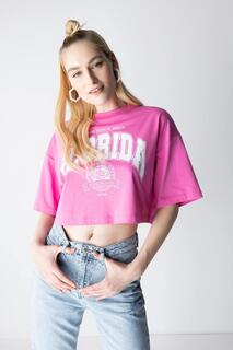 Футболка Cool Oversize из 100% хлопка с короткими рукавами и принтом DeFacto, розовый