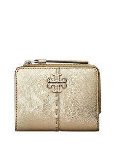 Двойной кожаный кошелек McGraw с эффектом металлик Tory Burch, цвет Gold