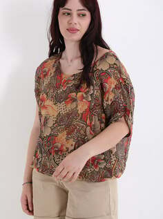 Шелковая блузка с цветочным принтом, коричневый NO Brand