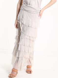 Длинная шелковая юбка с воланами, бежевый NO Brand