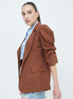 Льняной пиджак с пышными рукавами и тканевым поясом, коричневый NO Brand