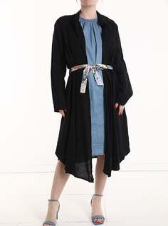 Льняное пальто дастер с длинными рукавами и тканевым поясом, черный NO Brand