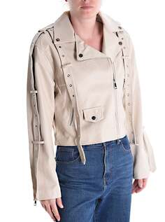 Байкерская куртка из искусственной кожи на молнии с подкладкой с заклепками, бежевый NO Brand