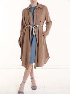 Льняное пальто дастер с длинными рукавами и тканевым поясом, коричневый NO Brand