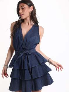 Джинсовое хлопковое платье без рукавов с поясом, глубоким вырезом и воланами, цвет Prussian blue NO Brand