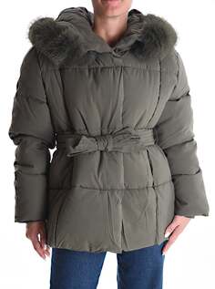 Куртка-пуховик с поясом на пуговицах, с капюшоном и карманами, светло-оливковый NO Brand