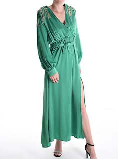 Длинное платье с v-образным вырезом с бахромой и разрезом со стразами и поясом, цвет Greenwood NO Brand