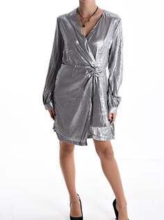Платье металлик длиной до колена с длинными рукавами и v-образным вырезом, серебро NO Brand