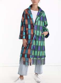 Пальто в клетку шотландка на подкладке с бахромой на пуговицах с карманами, цвет Jade NO Brand