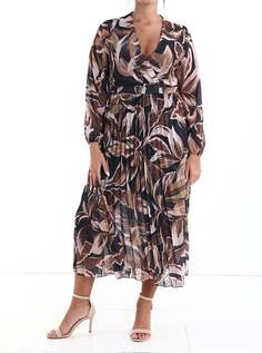Плиссированное длинное платье с принтом листьев, поясом и v-образным вырезом, черный NO Brand