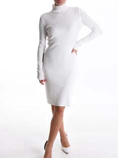Платье длиной до колена в рубчик с длинными рукавами и высоким воротником, белый NO Brand