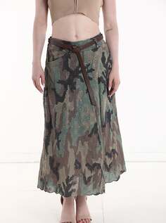 Длинная хлопковая юбка с камуфляжным принтом, английской эластичной вышивкой и поясом, зеленый NO Brand