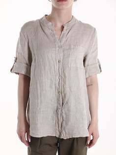 Льняная рубашка с короткими рукавами, карманами и V-образным вырезом, бежевый NO Brand