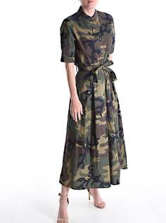 Хлопковое платье с камуфляжным принтом, поясом, рукавом 3/4 и пуговицами, зеленый NO Brand