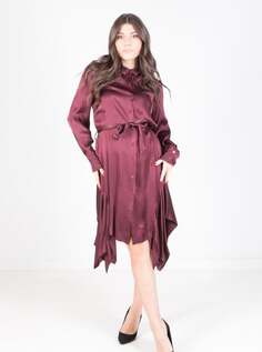 Асимметричное атласное платье-рубашка с длинными рукавами и поясом, гранат NO Brand