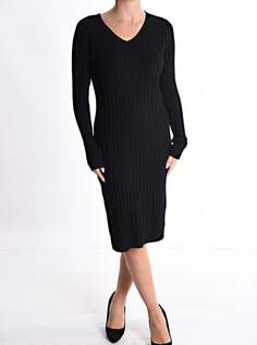 Платье длиной до колена в рубчик с длинными рукавами и v-образным вырезом, черный NO Brand