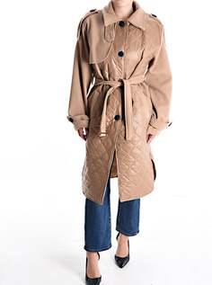 Стеганое пальто с поясом и карманами, коричневый NO Brand