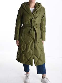 Куртка-пуховик с поясом на пуговицах, с капюшоном и карманами, светло-оливковый NO Brand