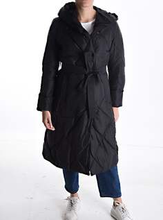 Куртка-пуховик с поясом на пуговицах, с капюшоном и карманами, черный NO Brand