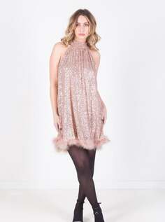 Мини-платье без рукавов с пайетками и перьями, пыльно-розовый NO Brand