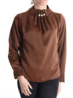 Атласная блузка с высоким воротником и жемчугом, коричневый NO Brand