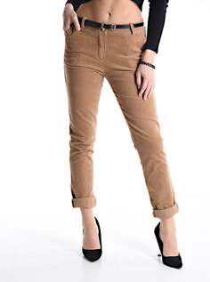 Хлопковые брюки в бархатную рубчику с поясом и карманами, коричневый NO Brand