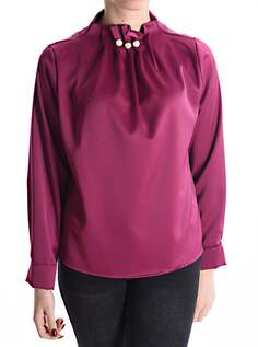 Атласная блузка с высоким воротником и жемчугом, красно-фиолетовый NO Brand