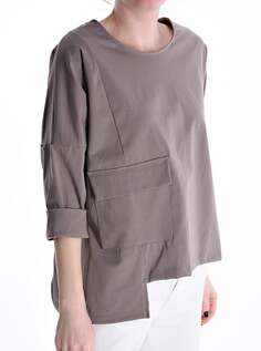 Асимметричная блузка из хлопка с карманами, рукав 3/4, цвет Mud Brown NO Brand