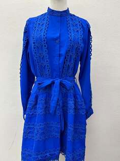 Платье длиной до колена с длинными рукавами и пуговицами английской вышивки с бантом, синий NO Brand