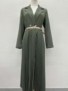 Разноцветное длинное двубортное платье в складку с поясом и v-образным вырезом, темно-оливковый NO Brand
