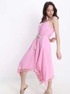 Хлопковое платье без рукавов с v-образным вырезом, поясом и бахромой, розовый NO Brand