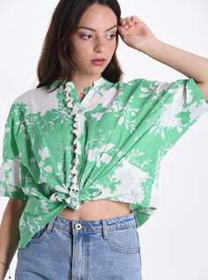 Рубашка из хлопка с бантом и бахромой Цветочный принт, зеленый NO Brand