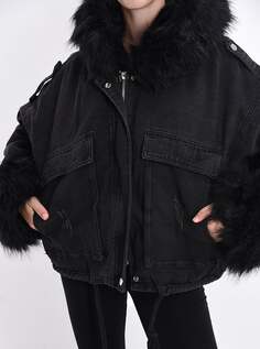 Джинсовая куртка из искусственного меха с карманами на молнии с бантом, черный NO Brand